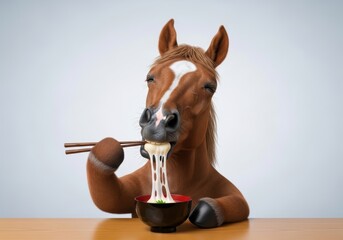 箸で餅を食べる馬/A horse eating mochi with chopsticks