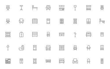 Furniture icon set. Vector illustration. Minimalist furniture icons pack. Includes dining chair, stool, office table, cabinet, wardrobe, desk, bed, sofa, bathtub and more. Editable vector.