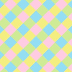 A cheerful, seamless harlequin pattern featuring a charming palette of pastel pink, yellow, blue, and green. Perfect for backgrounds, product packaging, and delightful design projects.
