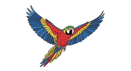 Naklejka premium Vibrant macaw soaring with wings spread in a colorful and lively illustration against white backdrop