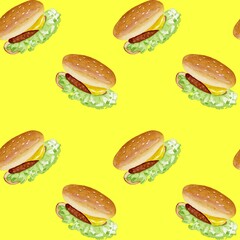 Seamless pattern made with watercolors of hamburgers on a yellow background. For coloring wrapping paper, wallpaper, fabric and much more.
