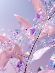 Fototapeta premium ピンクの葉とクリスタルの粒が舞う背景画像