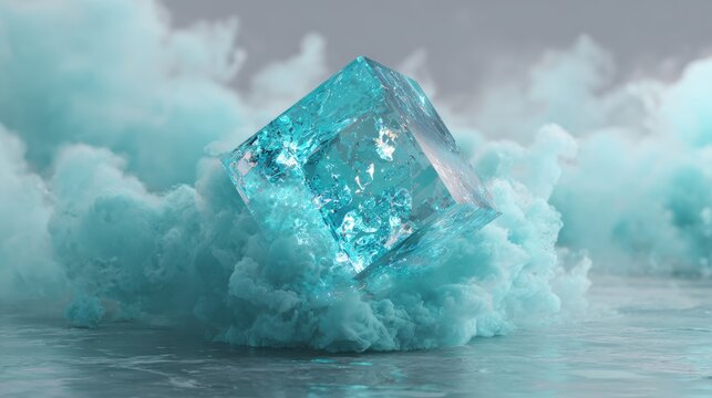 Bright turquoise ice cube surrounded by soft mist rising from calm waters with ethereal lighting effects