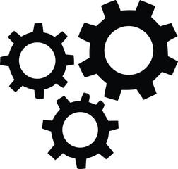 Three interlocking black gears of different sizes symbolizing teamwork industrial machinery and mechanical engineering concepts for presentations and designs