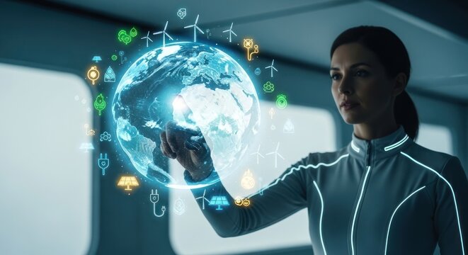 Woman interacts with earth globe display, surrounded by green energy icons