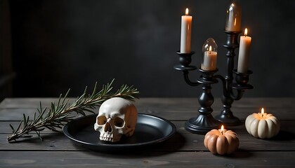 Obraz premium Halloween still life featuring a skull on a plate, lit candles in a candelabra, and small pumpkins on a rustic wooden table.
