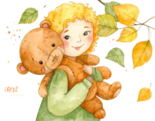 Artistic Illustration of Child and Teddy Bear Companion, isolated on transparent background PNG