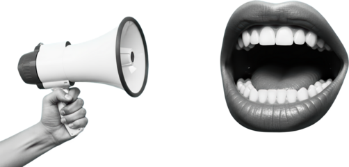 Hand holding white megaphone open mouth with white teeth and tongue isolated collage art Loudspeaker transparent background