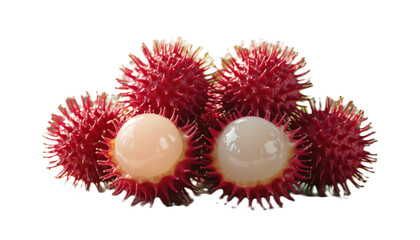Fresh Rambutan Fruits with Peeled Flesh on White Background