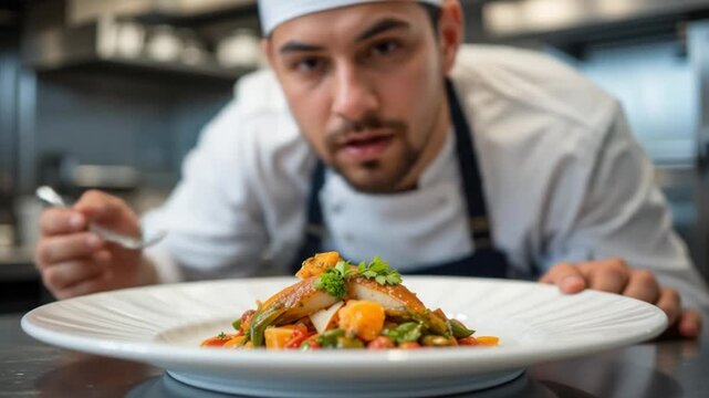 Professional Chef meticulously plating gourmet dish in restaurant kitchen creating culinary