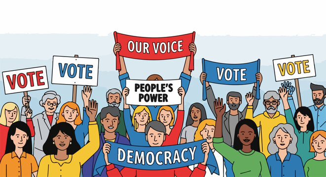 Diverse crowd rallies for democracy, holding signs for vote and people's power