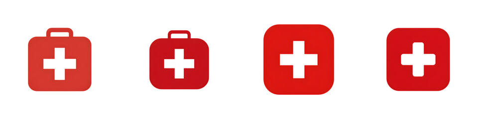 Fototapeta premium Red Medical Cross Icons Set, First Aid Symbols on White Background