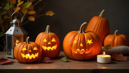Autumnal ambiance with carved pumpkins, a lantern, and candle evoke Halloween's spirit and fall's charm with glowing faces.