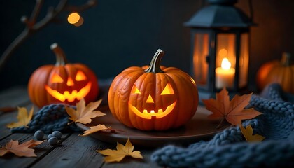 Obraz premium Spooky Halloween pumpkins glow warmly next to an antique lantern and autumn leaves on a rustic wooden surface