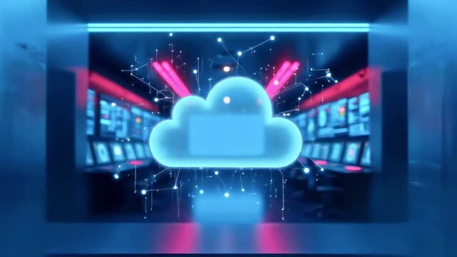 Futuristic digital cloud interface with glowing connections and data visuals in a tech environment