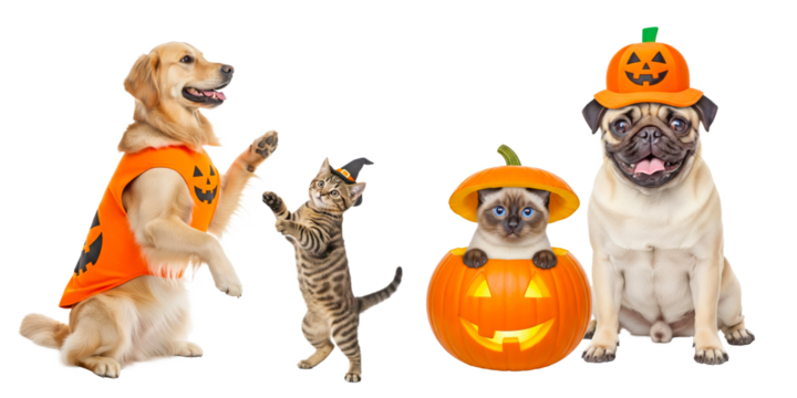 Halloween dogs and cats with pumpkins, retriever lifting paw, tabby kitten reaching in witch hat, Siamese kitten in jack o lantern, pug in pumpkin cap, front view studio light, transparent background 