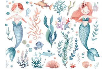 watercolor style of cute cartoon mermaids with seahorse, fishes and sea plants on white background