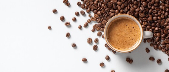 A cup of coffee surrounded by coffee beans on a white surface