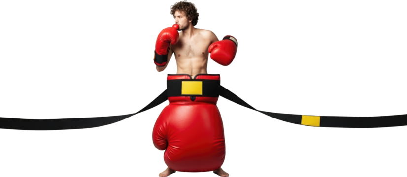 Boxer wearing red gloves and training equipment with elastic band collage art Boxing Athlete Sports Fitness transparent background