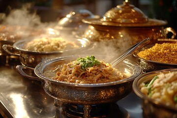 Steaming hot buffet dishes in traditional serving bowls-Close up of steaming hot buffet dishes served in ornate metal bowls, featuring noodles, rice, and flavorful food at a banquet.