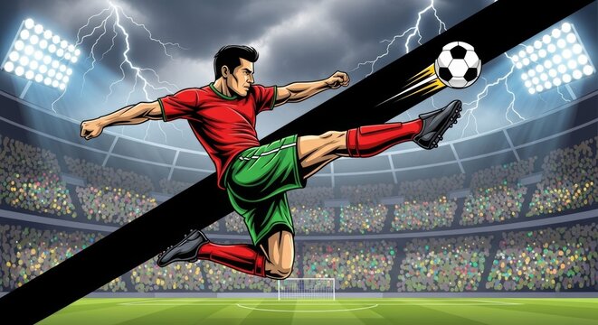 Soccer Player Kicking Ball into Stadium with Lightning Strikes