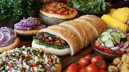Fresh Mediterranean sandwich with vegetables and salad-Close up of a Mediterranean style sandwich with fresh vegetables, herbs, and salad ingredients, surrounded by colorful healthy side dishes.