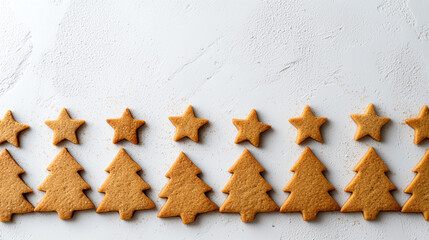 festive gingerbread cookies shaped like stars and trees, arranged neatly on white background