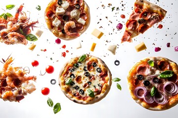Assorted gourmet pizzas with fresh ingredients-Variety of delicious pizzas topped with shrimp, cheese, olives, ham, onions, and fresh basil, surrounded by scattered vegetables, herbs, and spices on a