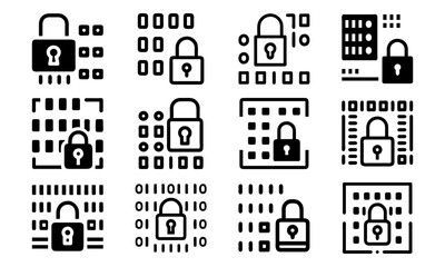 Cybersecurity Padlock Icons with Binary Code Background – Digital Data Protection, Network Security, Encryption, and Privacy Concept Vector Illustration