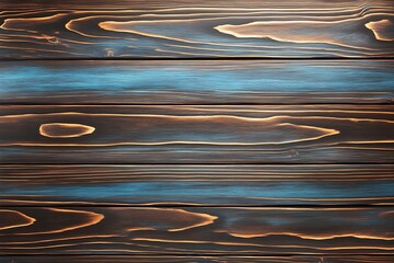 Rustic wooden plank background with blue accents-Close-up of rustic wooden planks with burnt textures and blue highlights, perfect as a decorative background for design projects.