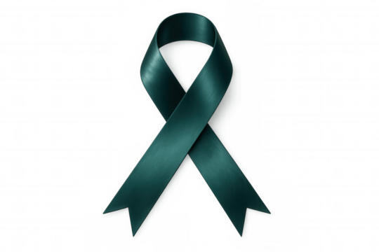 Teal awareness ribbon symbolizing support for cervical cancer, mental health challenges, sexual assault survivors on transparent backdrop