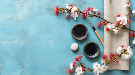 Chinese New Year Festive Table Setting with Cherry Blossoms, Tea Cups, Calligraphy Brush and Spring Festival Decoration for Lunar Celebration