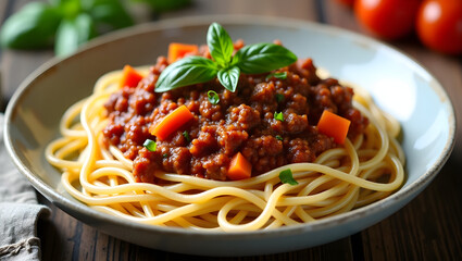 Delicious Italian spaghetti bolognese with minced beef and tomato sauce