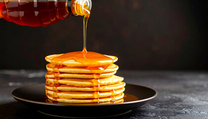 pouring of golden maple syrup from bottle to delicious pancakes on clean dark table