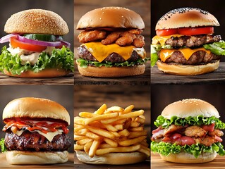 Assortment of gourmet burgers with fries-Collection of six delicious burgers with cheese, bacon, lettuce, tomato, and crispy fries, perfect for fast food menus and restaurant design.