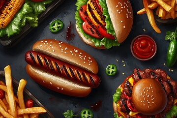 Delicious burgers and hot dog with fries-Top view of grilled burgers and hot dog with fries, lettuce, tomatoes, and sauce, perfect for fast food and restaurant menu concepts.