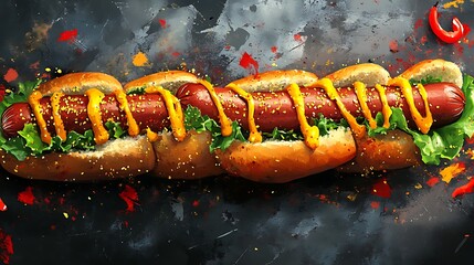 Giant hot dog with mustard and lettuce-Extra-long hot dog with sausage, lettuce, and mustard in a toasted bun, perfect for fast food design, snack concepts, and menus.