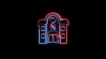 A vibrant neon home icon with glowing outlines, typically in blue or pink, symbolizing comfort, security, and digital connectivity in a sleek, modern design style.
