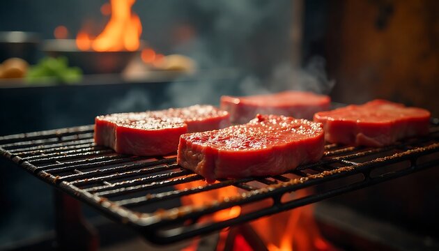 Sizzling steaks grilling over open flames create a mouthwatering culinary masterpiece for any occasion