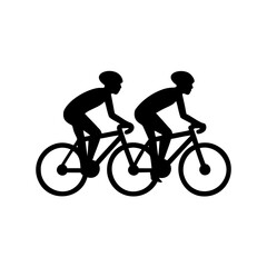 Fototapeta premium Two cyclists riding bicycles together, a symbolic depiction of teamwork and motion