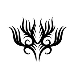 Intricate black tribal design featuring symmetrical elements and swirling patterns on a white background