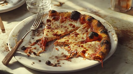 Partially eaten pizza on plate-A plate with a partially eaten pizza showing melted cheese, tomato sauce, and charred crust. A fork rests on the plate with crumbs and sauce stains scattered around.