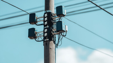 Advanced telecommunication equipment and data transmission cables on a utility pole against a bright blue sky