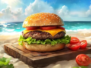Cheeseburger with lettuce and tomato on beach-Juicy cheeseburger with lettuce and tomato on a wooden board by the seaside, symbolizing summer food, vacation, and outdoor dining.