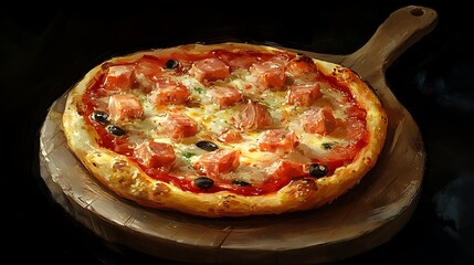 Freshly baked pizza with tomatoes and cheese-Delicious pizza topped with melted cheese, tomatoes, and olives served on a wooden board, representing Italian cuisine and fast food.