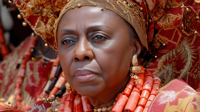 Fetu Afahye Festival Queen Mother in Regal Beads and Traditional Attire Celebrating African Heritage, Culture, and Ancestral Royalty in Cape Coast Ghana
