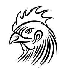 Stylized black and white illustration of a rooster's head with intricate feather details