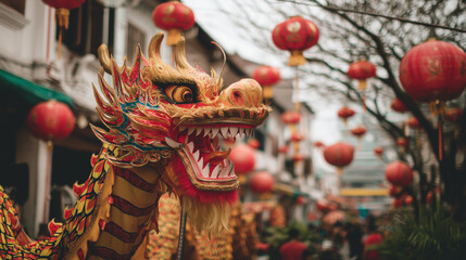 Naklejka premium Chinese New Year Golden Dragon Head Decoration with Red Lanterns Street Festival Celebration