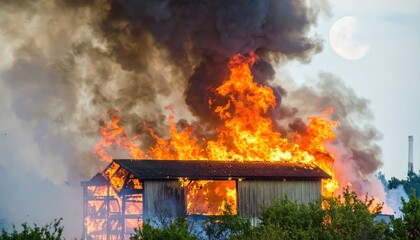 A large structure is engulfed in flames, emitting thick smoke against a backdrop of a bright moon, showcasing a dramatic scene of fire and destruction.
