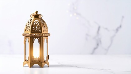 A decorative gold lantern with intricate designs, standing on a marble surface, exuding elegance and warmth.
